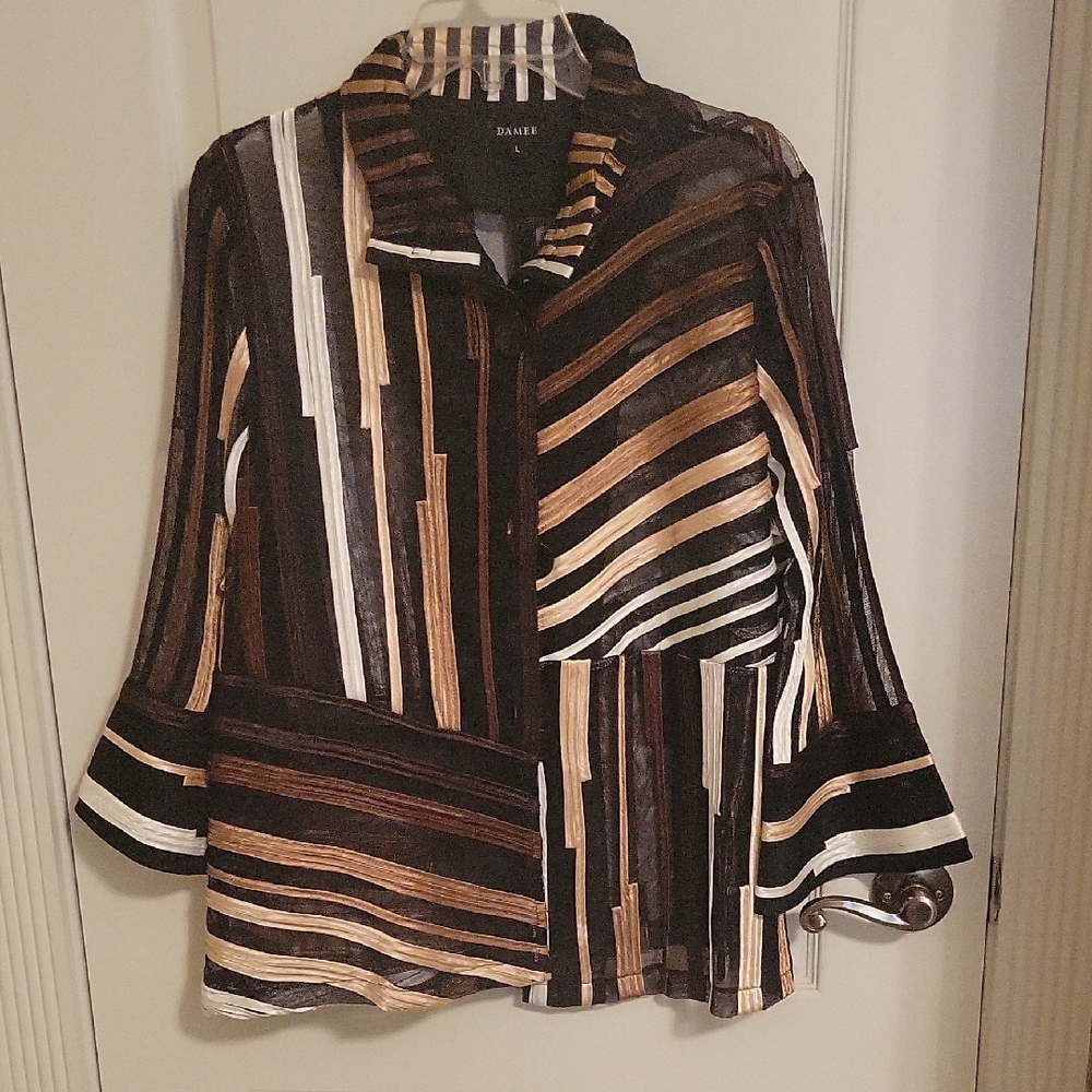 Dana Buchman Black and Brown Geometric Button Down Shear Shirt Jacket